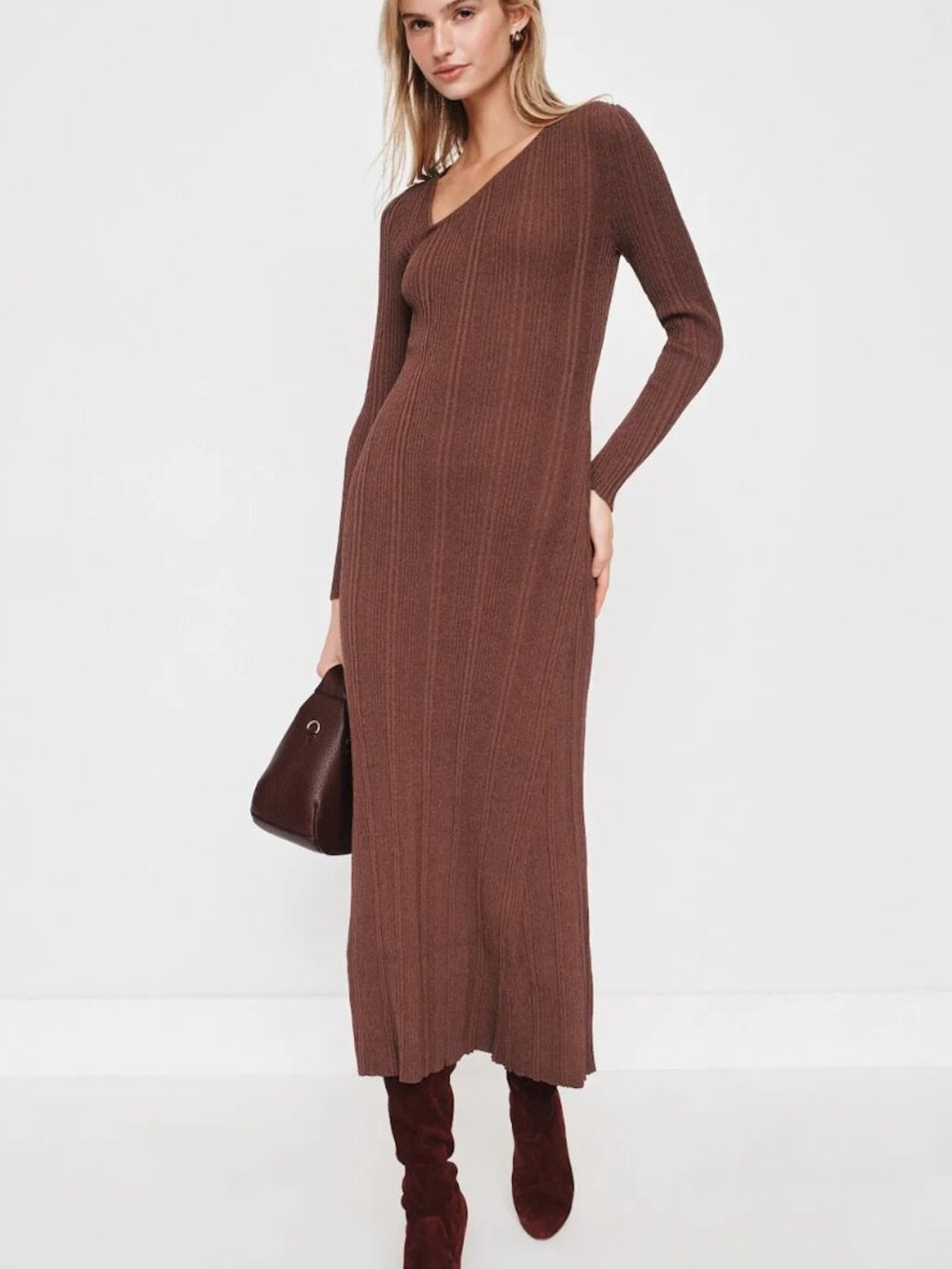 Staple The Label Amira Ribbed Knit Midi Dress in Brown Long Sleeve Sweater Dress
